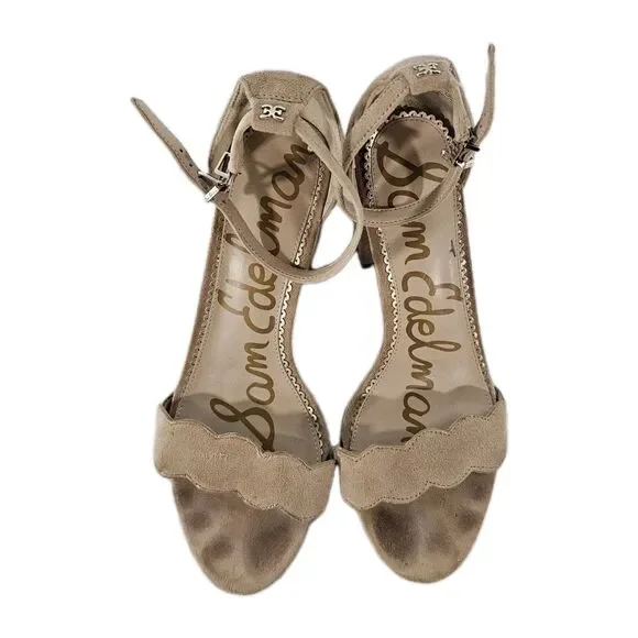 Sam Edelman Odila Scalloped Block Heel Sandals Suede Nude Beige Size 9 Dressy - Picture 2 of 8